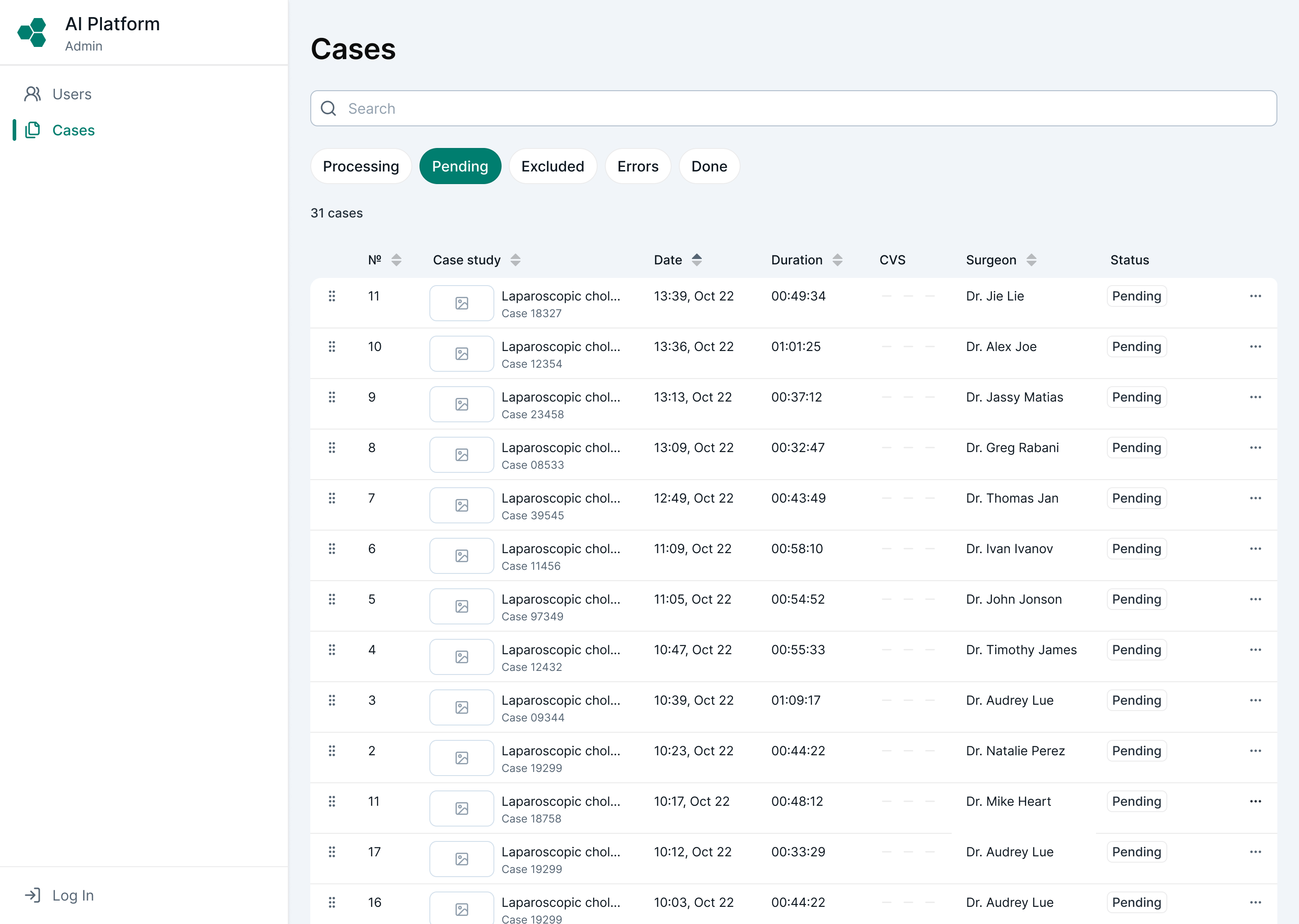Admin panel — Cases pending